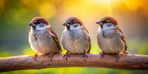 Three small birds perched together on a weathered branch, bathed in warm golden sunlight with soft green and yellow bokeh in the background