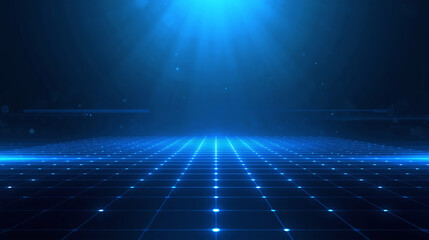 Glowing blue grid pattern with light rays on dark surface