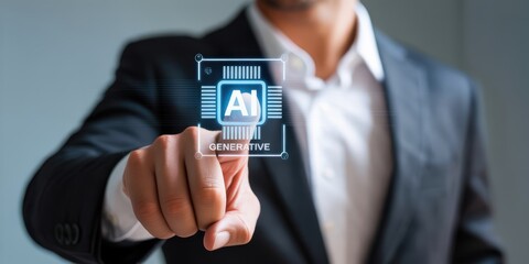 A professional businessman interacts with a futuristic holographic display showcasing the letters ai and generative technology symbolizing innovation and progress