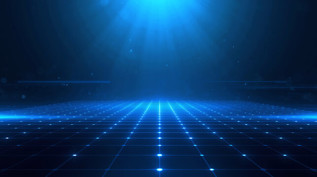 Glowing blue grid pattern with light rays on dark surface - Powered by Adobe