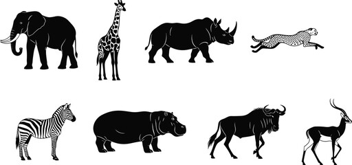 African wild animal silhouette set with elephant giraffe rhino cheetah zebra hippo wildebeest antelope isolated white vector illustration collection design © Vector Sifat