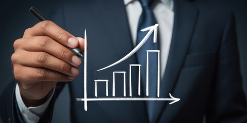A businessman in a suit is drawing a growth chart with a pen symbolizing success and financial progress