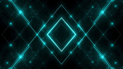 Glowing blue neon geometric pattern with squares and lines on black background