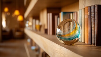 An artistic photograph of a glass sphere with teal and yellow swirls resting on a wooden library shelf,