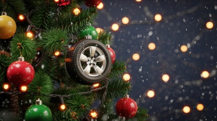 a creatively decorated christmas tree features ornaments including car tires and colorful baubles illuminated by warm string lights and snowflakes