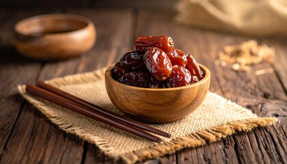 Delicious Dates in a Wooden Bowl on Rustic Table.