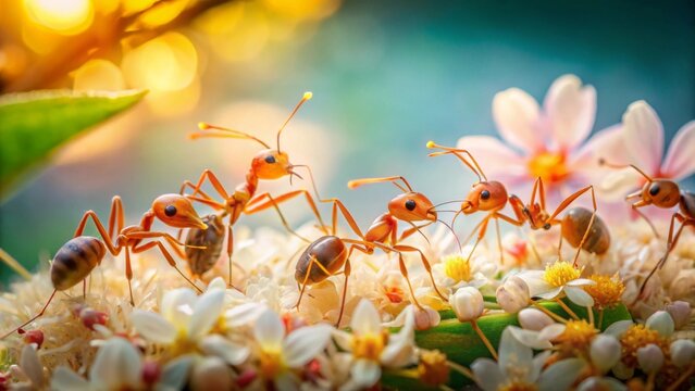 A captivating close-up of a group of tiny insects exploring delicate white and yellow blooms with a soft, warm glow illuminating the scene - Powered by Adobe
