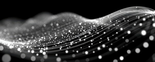 Abstract light waves and dotted lines on a black background, a futuristic data visualization