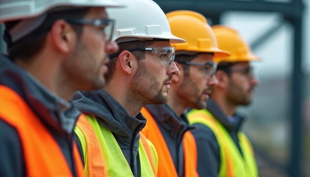 Group of construction workers stand in row. Men wear safety glasses and helmets at construction site. Team of engineers wearing reflective vests and workwear looks focused on their job. - Powered by Adobe