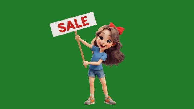 3D cartoon girl waving sale sign on green screen in seamless loop