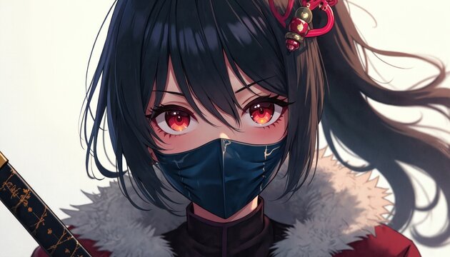 Anime style illustration features masked woman samurai. Drawing presents female warrior with black hair red eyes. Manga style artwork shows Japanese culture style.