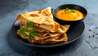 Delicious Crepes with Savory Sauce on a Dark Plate.