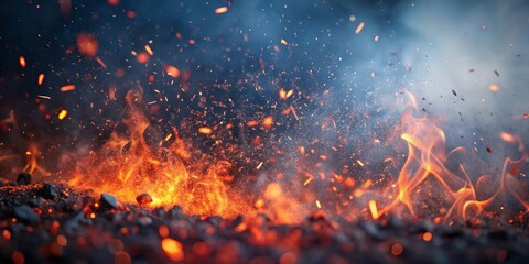A powerful inferno ignites the ground, sending a shower of glowing embers and hot particles dancing upwards against a dark, smoky backdrop, creating a mesmerizing visual spectacle.