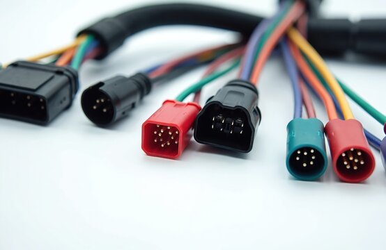 Wiring harness detail. Colorful multi wires with connectors on white. Electric auto wire cable with plug connects power. Many colorful electrical cables with plugs on plain background. Automotive