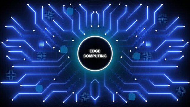 Edge computing network architecture with glowing blue circuits and nodes