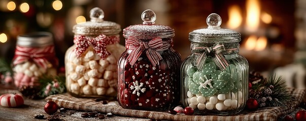 Three glass jars filled with candy and decorated with bows for a festive Christmas table