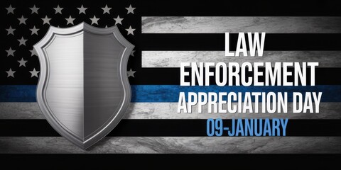 A patriotic image showcases a shield with an american flag background celebrating law enforcement appreciation day on january ninth