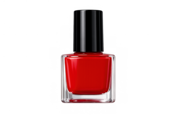 Red nail polish bottle, clear glass container with a black cap, creating a vibrant beauty product for manicure services