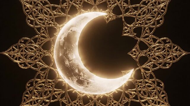 A stunning video showcasing a crescent moon surrounded by intricate golden patterns in a dark background Connectioneering concept Footage