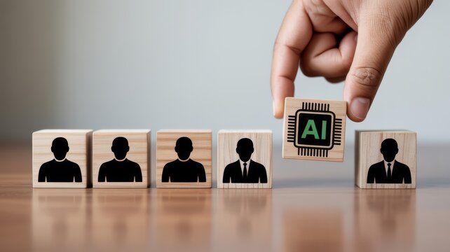 A hand selects a wooden block with an ai symbol from a row depicting human silhouettes representing recruitment