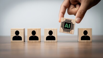 A hand carefully selects an artificial intelligence component to integrate within a team of human figures representing automation