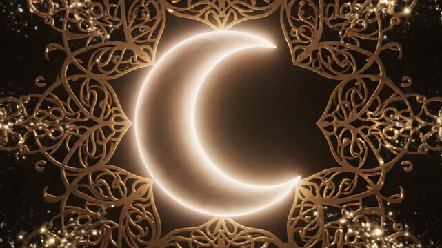 A stunning video showcasing a crescent moon surrounded by intricate golden patterns in space Connectioneering concept Footage