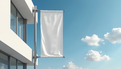 Clean modern architectural photo featuring blank white banner flag against blue sky. Advertising mockup template for outdoor branding display. Building facade with empty poster board