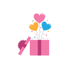 Pink gift box with colorful heart balloons