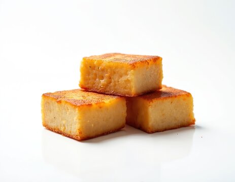 Golden tahu cubes stacked on white surface. Asian food tofu made from soybeans. Traditional Indonesian food. Vegetarian dish for a balanced diet. Food photography for recipe book or website.