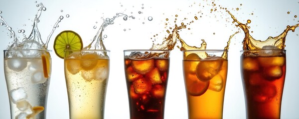Various refreshing drinks splash with ice cubes. Iced tea or in glass. Lemonade with lemon slice and bubbles on light background. Summer drink for hot day refreshment.