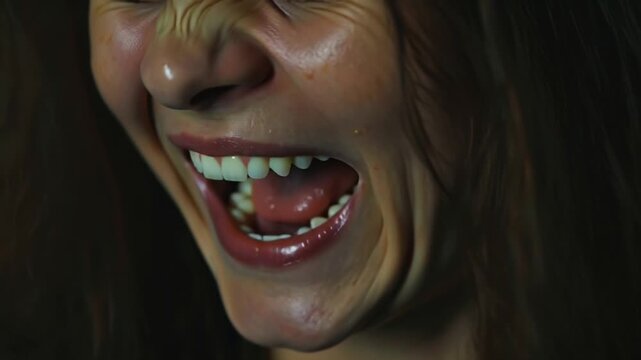 4K multi-angle close-up montage woman&rsquo;s mouth during escalating argument, screaming, yelling, lips, teeth, jaw movement dramatic low-key black background cinematic emotional psychological, conflict