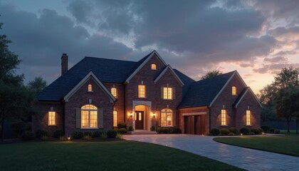 Obraz premium Luxury brick home glows warmly at twilight dusk. Driveway leads to elegant suburban residence with manicured lawn and trees. Peaceful estate at evening.