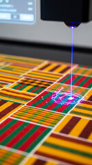 Fototapeta premium High-Precision Laser Technology Engraving Intricate Patterns on Colorful Traditional African Fabric Patterns