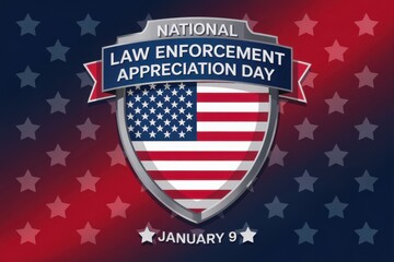 A patriotic graphic displays national law enforcement appreciation day with a shield american flag and stars honoring service