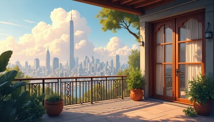 Naklejka premium Illustration presents balcony overlooking cityscape with tall buildings. Balcony features potted plants, decorative railing. Sunny day sky with fluffy clouds over urban scene provides relaxing vibe.
