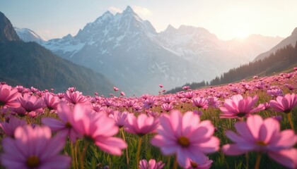 Fototapeta premium Pink flowers bloom in a mountain field under sunlight. Majestic peaks rise in background. Peaceful nature landscape with colorful flowers at sunset. Scenic view of wildflowers.