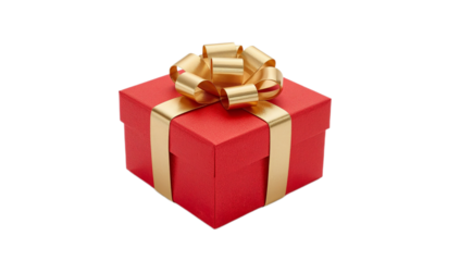 A festive red gift box adorned with a shimmering gold ribbon and bow, perfect for any celebration or special occasion