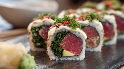 Close-up of fresh sushi rolls with tuna, avocado, and kale garnish on black plate.