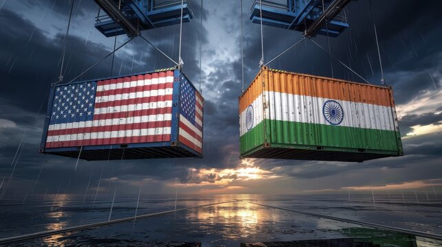 Symbolic representation of international trade and partnership between the united states and india with shipping containers suspended in a dramatic sky - Powered by Adobe