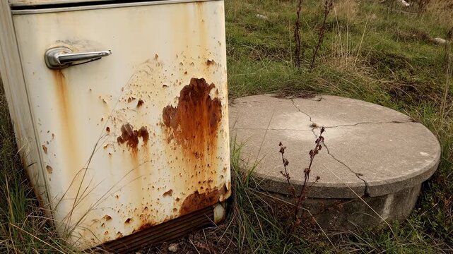 Forgotten Relics: Rusty Refrigerator & Old Concrete Well