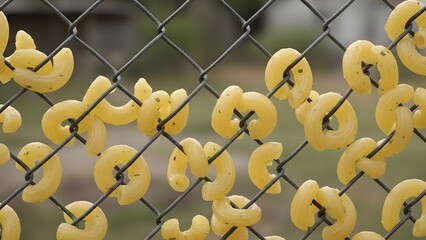 Uncooked elbow macaroni pasta pieces, some with herbs, creatively arranged and drying on a chain-link fence outdoors, creating an interesting pattern and texture