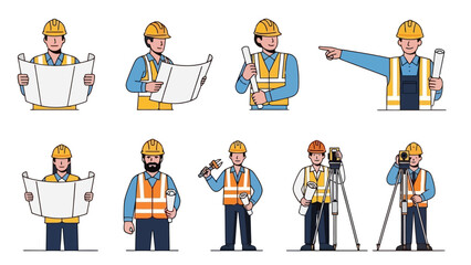Collection of diverse construction workers and surveyors engaged in various professional activities, including blueprint analysis and site measurement.