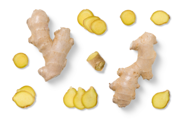 Collection of fresh ginger root and sliced ginger pieces isolated on a transparent background, PNG. High resolution. Perfect for culinary, healthy eating concepts, natural medicine and product design,
