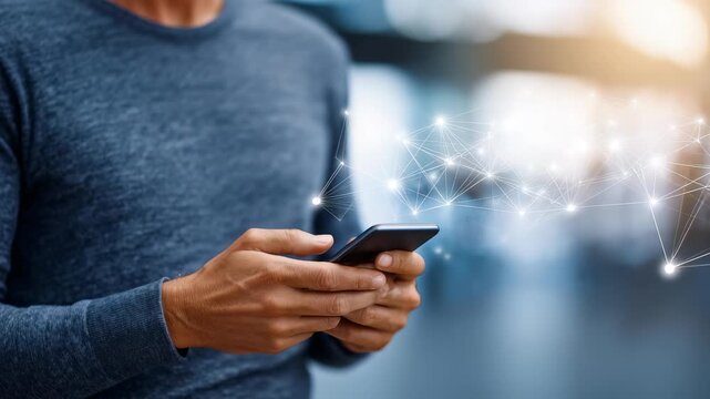 A man in a casual blue sweater uses a smartphone, connecting digitally in a modern, blurred urban environment. Futuristic network graphics symbolize wireless communication and technology