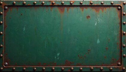 Green metal surface shows texture. Rivets border edges. Rust marks weather beaten surface. Vintage backdrop, gritty industrial design. Aged steel shows wear. Perfect for steampunk themes retro
