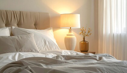 Cozy bedroom interior with soft lighting and neutral tones.
