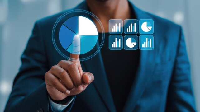 A professional businessman interacting with a digital interface displaying data analytics and visualizations representing insights and strategic decision making processes - Powered by Adobe
