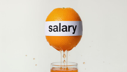 Salary economic pressure concept with orange fruit dripping juice into glass symbolizing financial strain and economic pressure in daily life