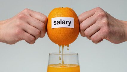 Salary orange juice hands squeeze economic pressure glass fresh fruit concept income money finance business liquid drip closeup isolated white