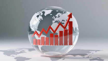 Rising red bar chart and arrow inside transparent globe symbolize economic growth and pressure on global markets with modern financial concept